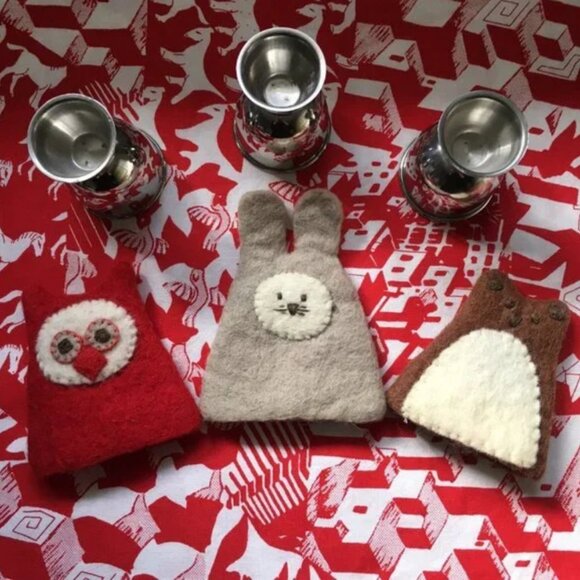 Handmade Felted Wool Owl Egg Cozy with Metal Egg Cup - Picture 11 of 13